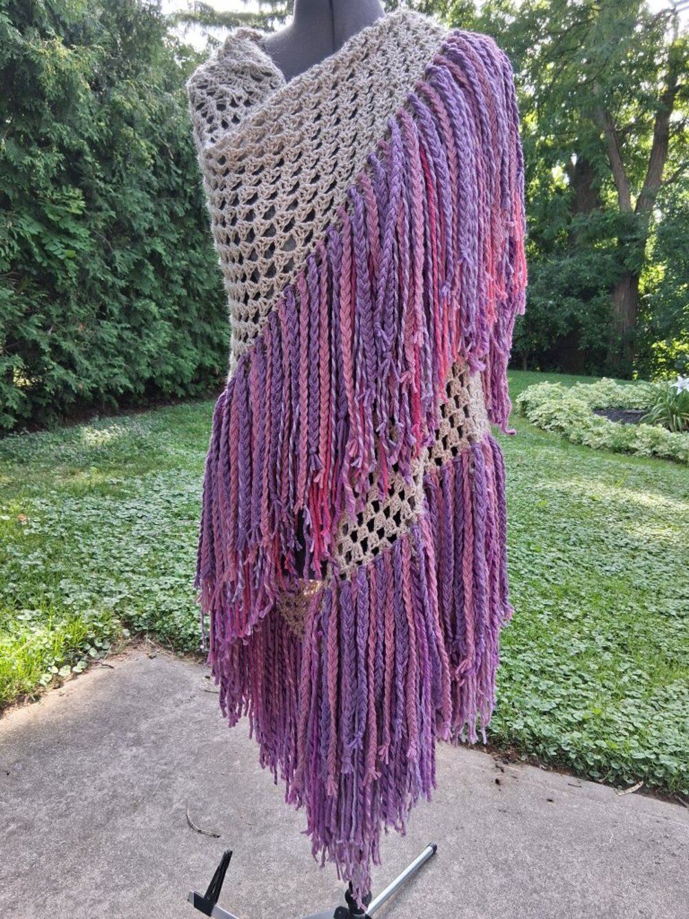 Boho Beige Multi colors Purple pink Bulky Double Braided Fringe Shawl O/S - Picture 2 of 12